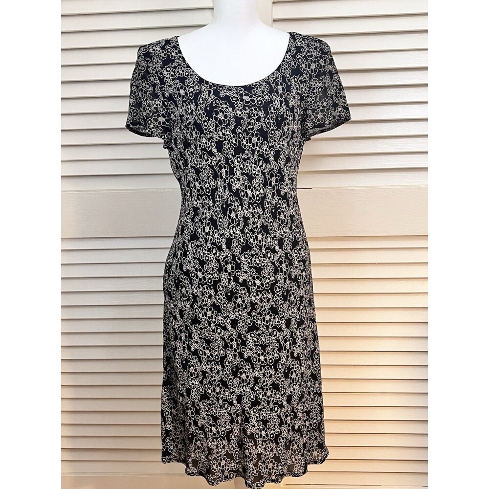 Jones New York Womens Size 8 Black Tan Floral Midi Dress Short Sleeve Lined